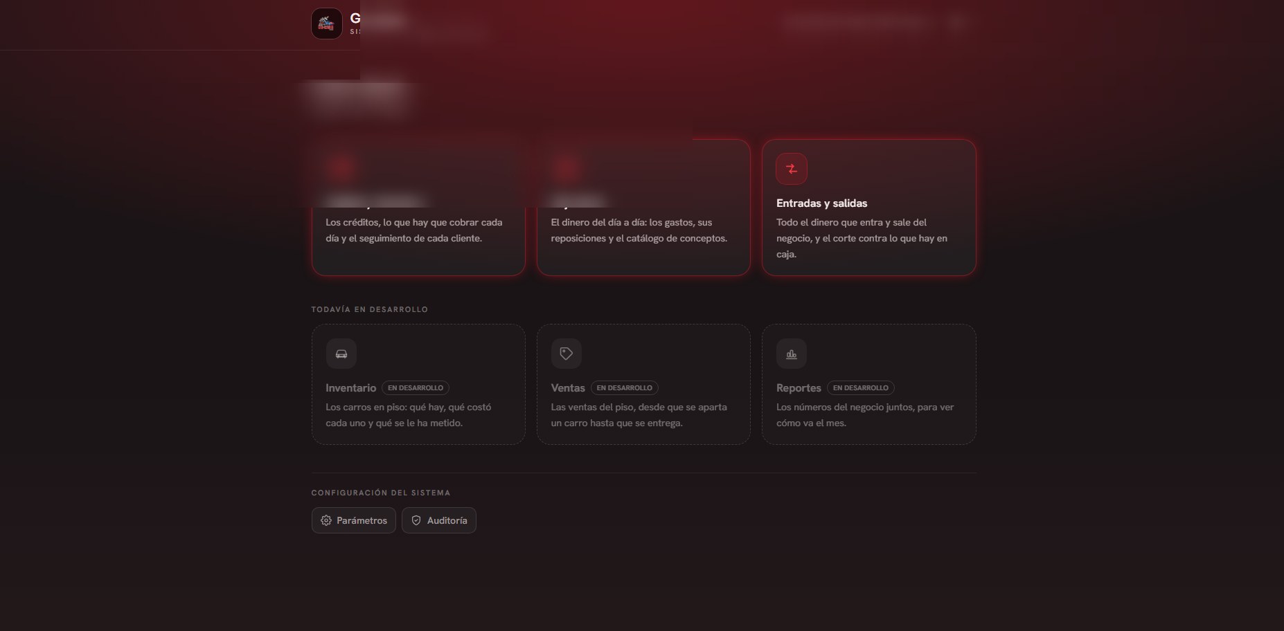 Sistema de administración de Go-Cars con módulos activos y en desarrollo